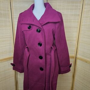 Worthington Women’s Small Wool Blend Coat Magenta Belted Trench Peacoat